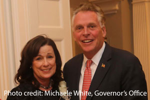 Nelson posing with Gov. McAuliffe in Governor's Mansion. Photo credit: Michaele White, Governor’s Office