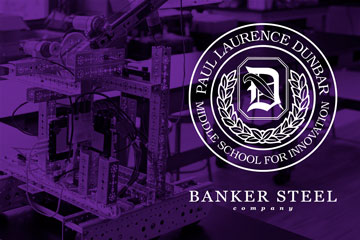 Dunbar Middle School and banker Steel logos over image of educational robot