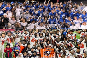 Photo collage of E. C. Glass and Heritage football teams on field celebrating regional win