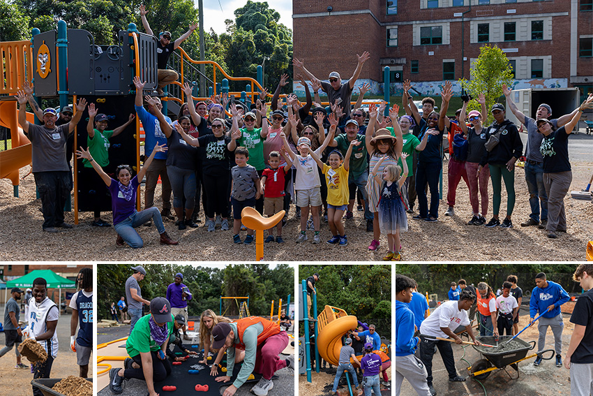 Collage of volunteers building playground at Bass Elementary School