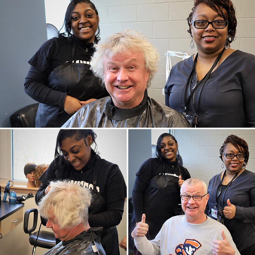 Before and after photos of CTE Supervisor getting hair cut by student