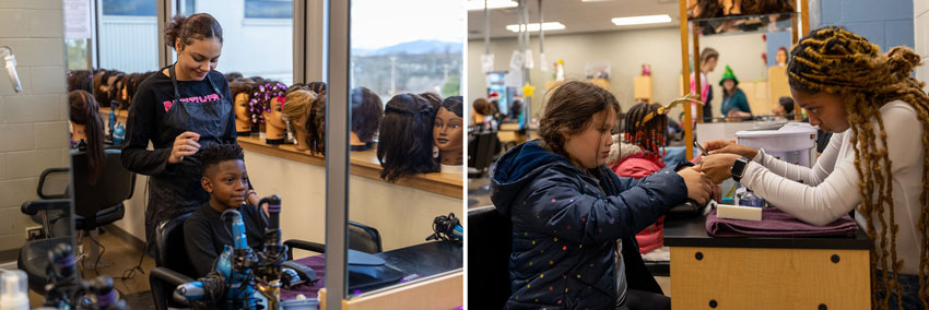 High school cosmetology students giving haircut and manicures to elementary students