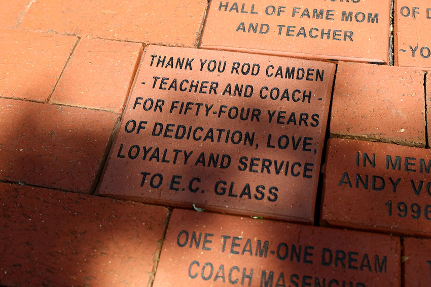 Brick that reads "Thank you Rod Camden - Teacher and Coach - for fifty-four years of dedication, love, loyalty and service to E. C. Glass