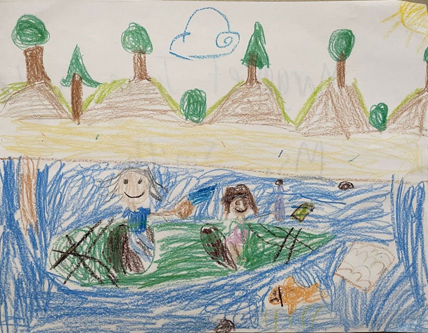 Student's crayon drawing of people in kayak on water with mountains in background