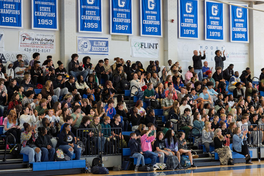 Crowd in E. C. Glass gym cheering during basketball game