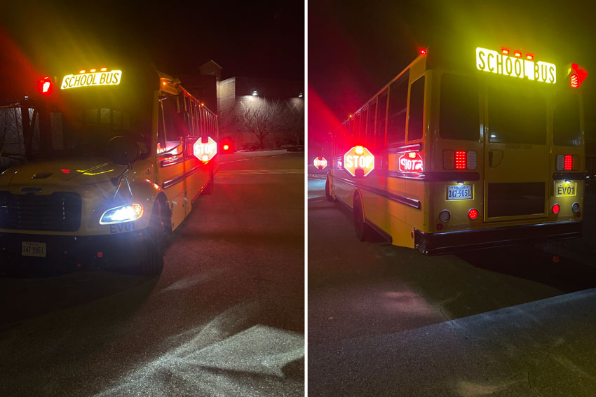 Reflective signage at night on school buses