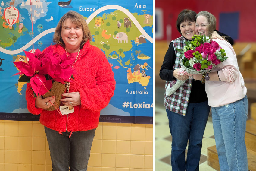 Teachers of the Year Lisa Smith and Nora Moore holding flowers