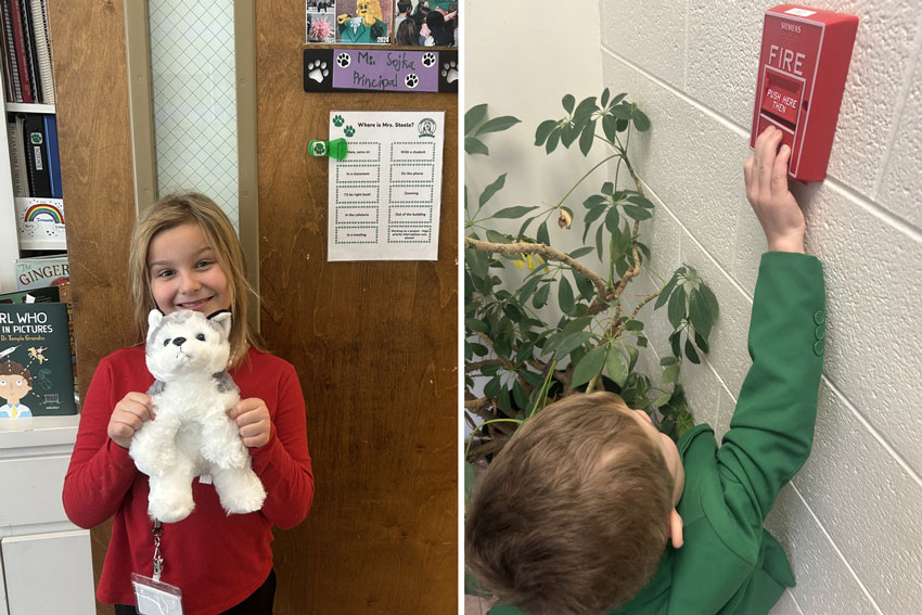 Two photos: elementary student holding stuff dog in front of office door with her name on it, and elementary student pulling fire alarm