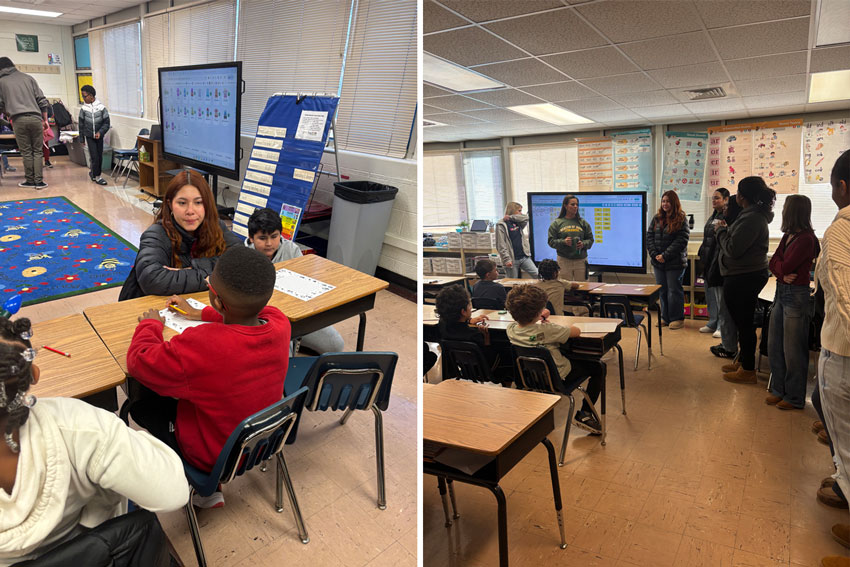 Two photos of college students working with elementary students in classroom