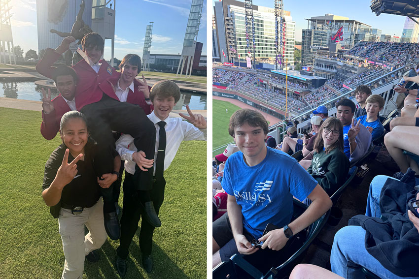 Collage of photos: group of smiling students carrying Ezra Mancier on their shoulders outside after competition, and group of students wearing SkillsUSA t-shirts sitting in the stands of a professional baseball game