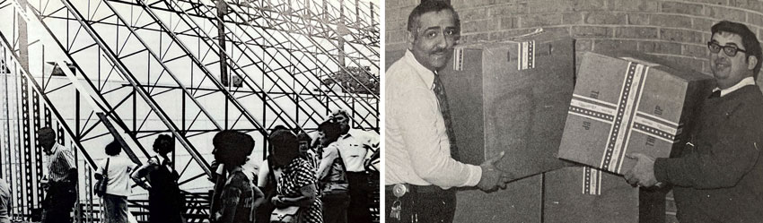 Two black and white photos, one of people viewing building construction, the other of two men carrying boxes