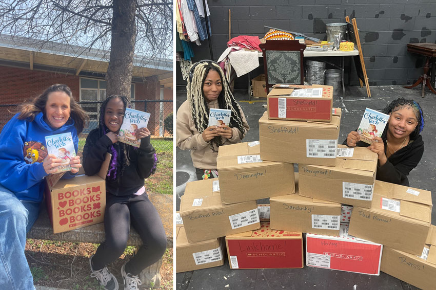Two photos: principal with student holding up Charlotte's Web books, two students with stacked boxes of books