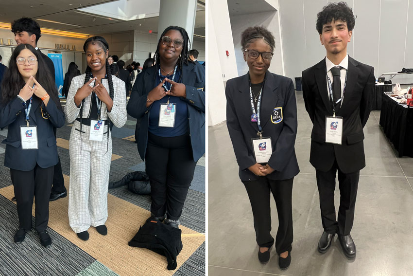 Two photos of students in business attire at DECA State Leadership Conference