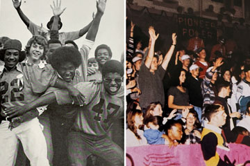 Two old photos of smiling students