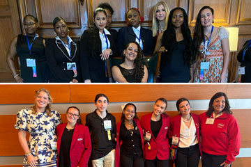 Two photos of students and teachers at leadership conferences