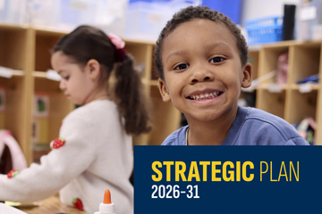 Smiling student with "Strategic Plan: 2026-31" in block of text 