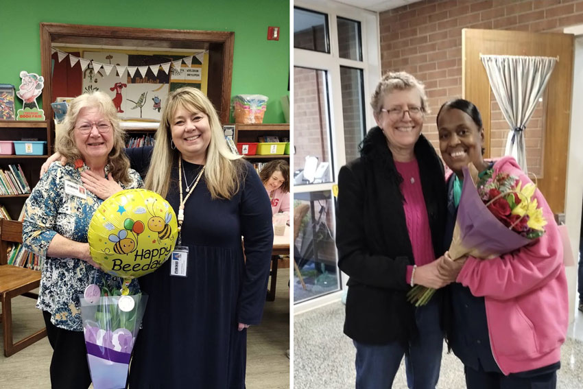 Two photos: one of principal with staff member holding flowers and balloon; and second with principal and staff member holding flowers