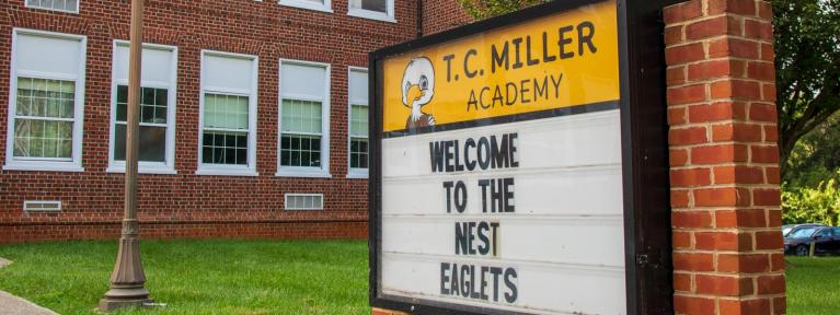 T. C. Miller Academy sign that reads "Welcome to the Nest Eaglets"